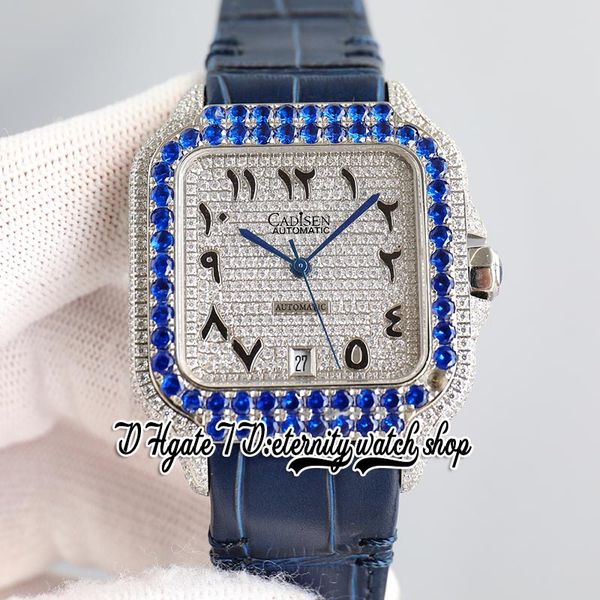 

twf tw0009 m8215 automatic mens watch 40mm blue iced out big diamond bezel paved diamonds dial arabic markers leather strap 2022 super editi, Slivery;brown