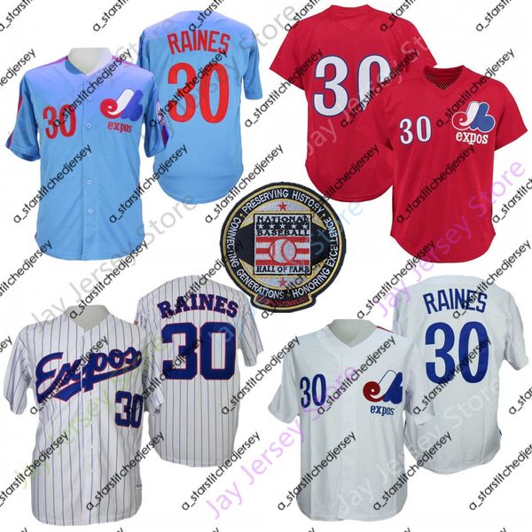 

baseball jerseys montreal expos jersey 30 tim raines blue red mesh white pinstripe hall of fame patch size s-3xl, Blue;black
