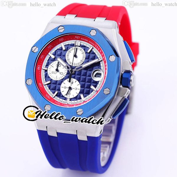 

44mm 26400so quartz chronograph mens watch 26400 blue white textured dial titanium steel case red inner blue/red rubber sport satch watches, Slivery;brown