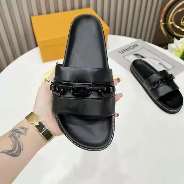 

Beach Thick bottom Cartoon slippers fashion summer sexy Outdoor platform ladySandals Alphabet Leather designer Hotel Metal chain women shoes, Dark blue