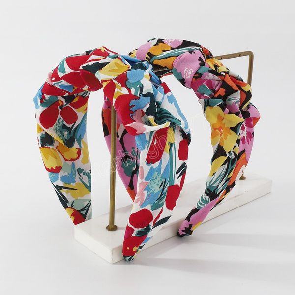 

fashion women headband spring print flower hairband wide side turban bohemia headdress for hair accessories, Slivery;white