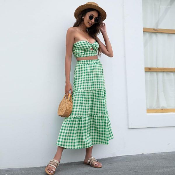 

skirts 2022 summer skirt loose casual beach plaid print mid-calf high waist, Black