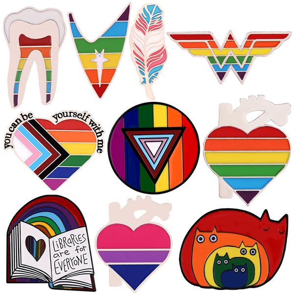 

lgbt pride enamel pins custom rainbow book cats feather tooth heart shape brooches lapel badges jewelry gift for partner lover 11 colors