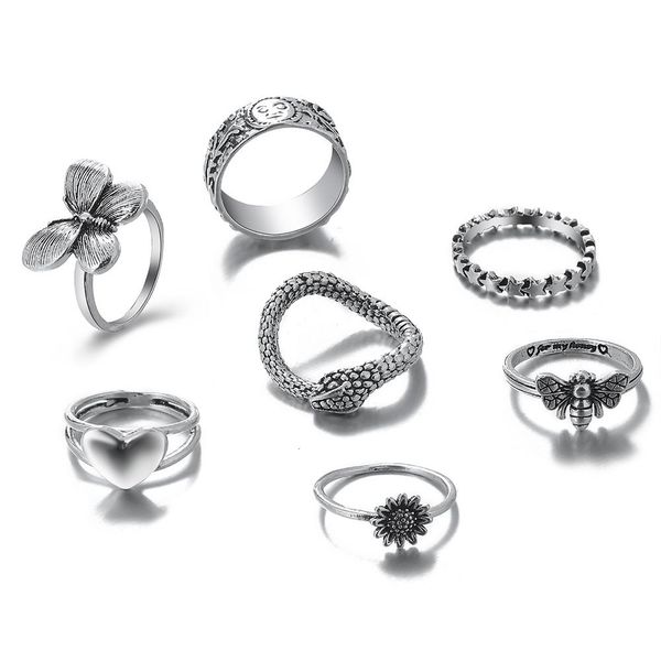 

hiphop cluster rings vintage silver color poker angel wings finger ring for women punk heart butterfly boho knuckle ring sets trend jewelry, Golden;silver