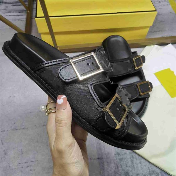 

fashion slippers fendyity 2023 luxury design summer men flat bottom women slope heel letter leather casual sandals 03-04, Black