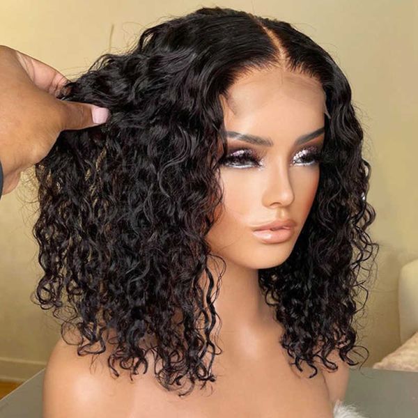 

lace wigs bob black curly for women transparent loose deep water wave human hair 100% natural short closure t part 221212, Black;brown