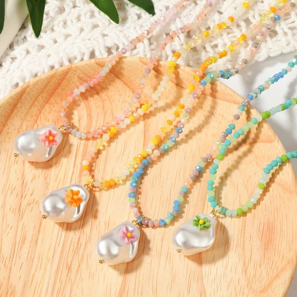 

bohemian colorful luxury handmade crystal beads flower pendant necklace fashion women simple chocker jewelry, Silver