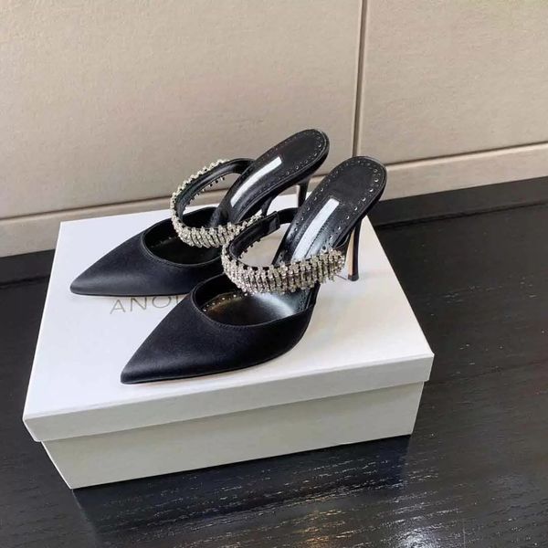 

fashion designer summer shoes nice sako silk crystal embellished sandals women lady sandalias slip on mules elegant high heels pumps party w, Black