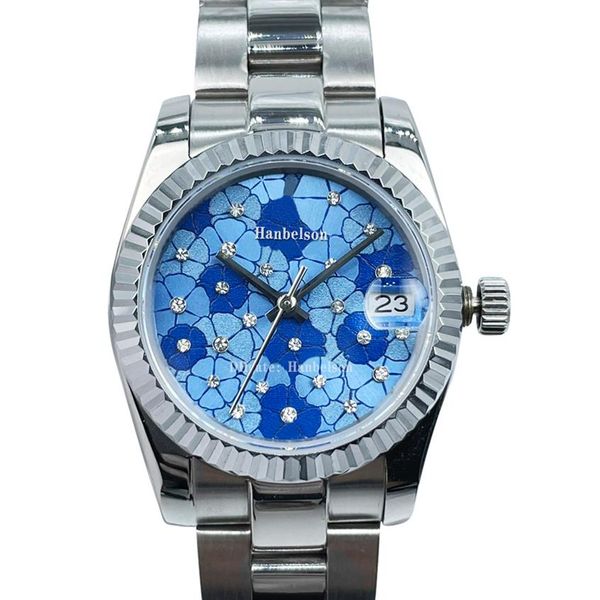 

women watch blue 24 flower diamond dial 31mm sapphire glass 2813 automatic movement wristwatch216w, Slivery;golden