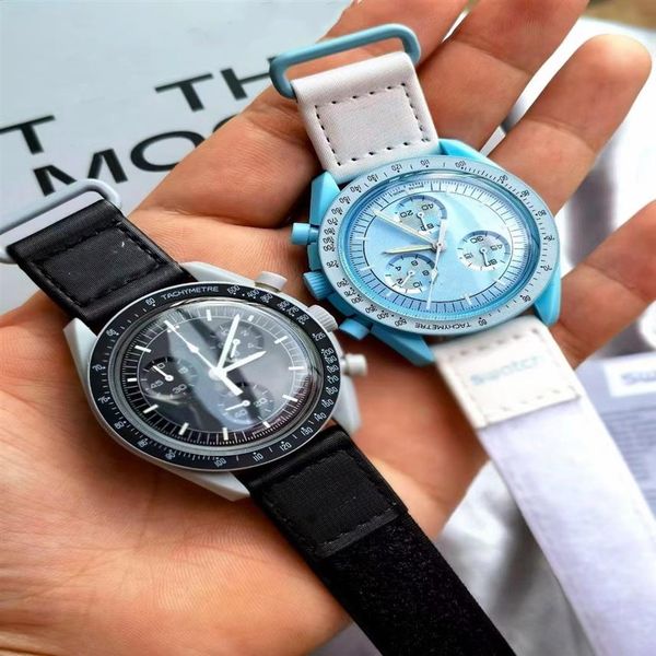 

bioceramic moonswatch swiss quqrtz chronograph mens watch so33g100 mission to earth 42mm real green ceramic blue dial nylon strap 294j, Slivery;brown