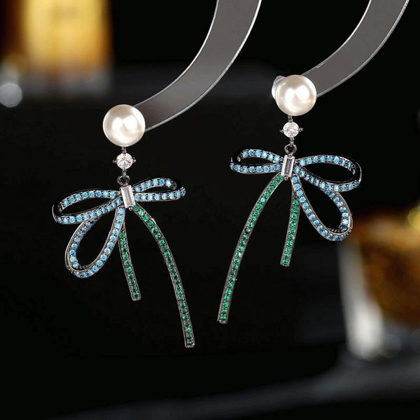 

luxury zirconia ribbon bow knot earrings for women frence style jewelry girls gifts statement designer full diamond big bowknot stud drop ea, Silver