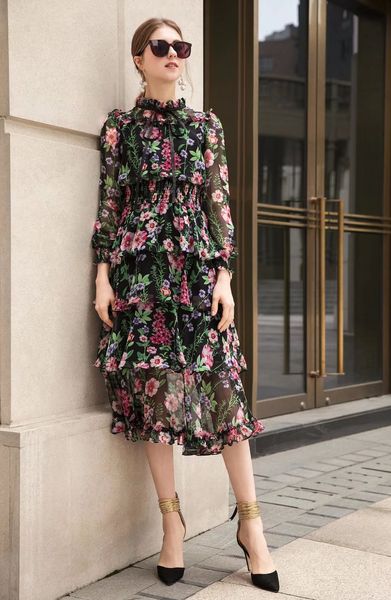 

runway dresses dress early spring new style bohemian romantic floral long sleeve waist closing fairy dress women's clothing, Black