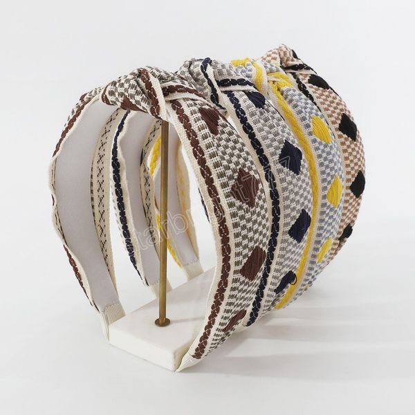 

elegant chic ethnic embroidery head hoop headband geometric pattern knotted bezel hairband for women hair accessories headdress, Slivery;white