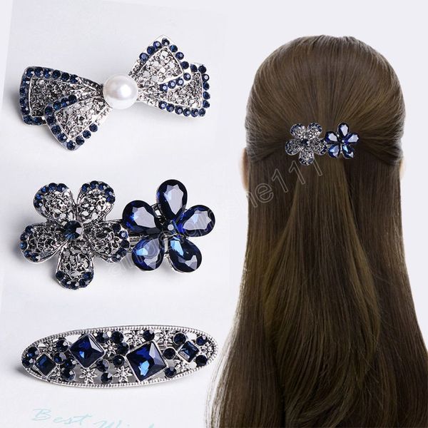 

rhinestone flower spring clip fashion hairpin french retro headdress for women luxury inlaid ponytail horizontal hair clip, Slivery;white