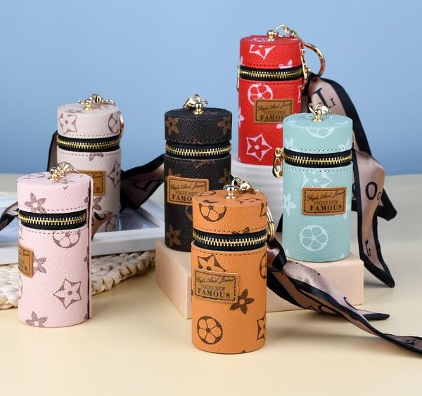

designer silk scarf lipstick key chains pu leather purse pendant car key ring chain charm brown flower mini bag trinket gift for men women 3, Silver