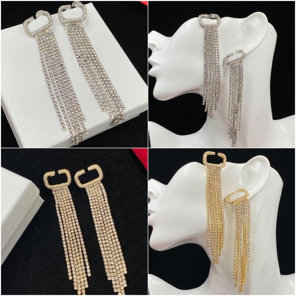 

luxurious diamond chain dangle tassel earrings famous designer letters stud earring jewelry women lady party wedding lovers gift engagement, Silver