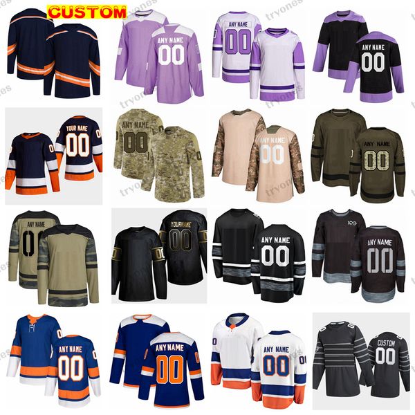 

custom 2023 reverse retro 2.0 hockey jerseys camo fights cancer barzal lee nelson sorokin horvat dobson pageau parise bailey romanov mayfiel, Black;red