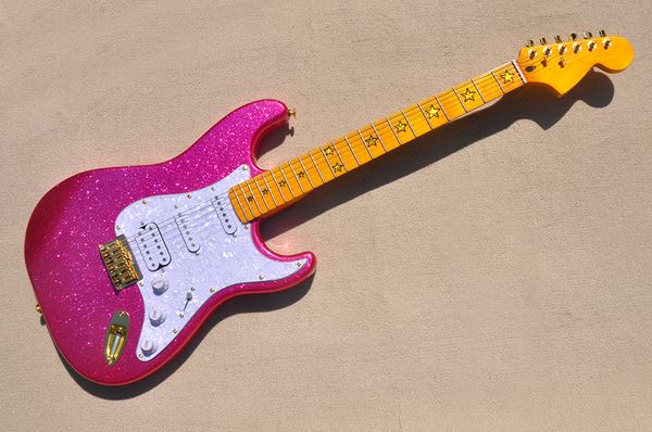 

factory custom electric guitar with shiny particles paint white pearl pickguard yellow maple fretboard ssh pickups can be customized