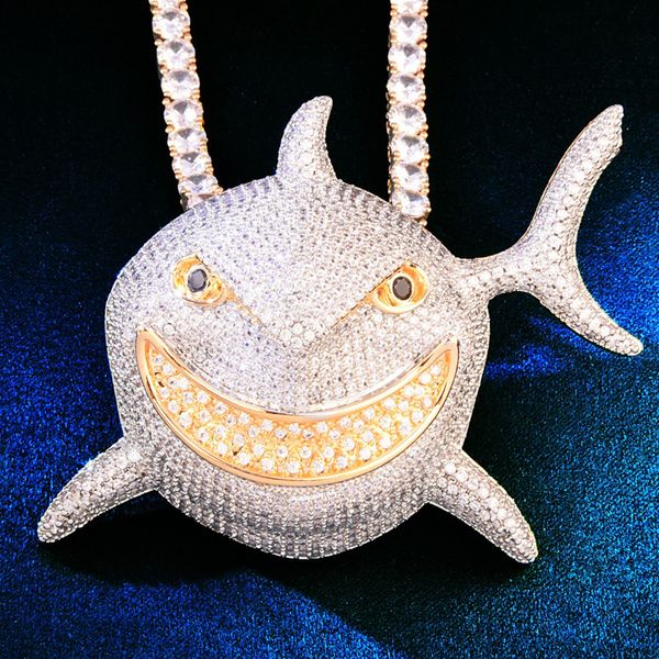 

europe and ameircan trendy necklace gold plated full shiny cz stone large shark pendant necklace with 3mm 24inch rope chain nice gift, Silver