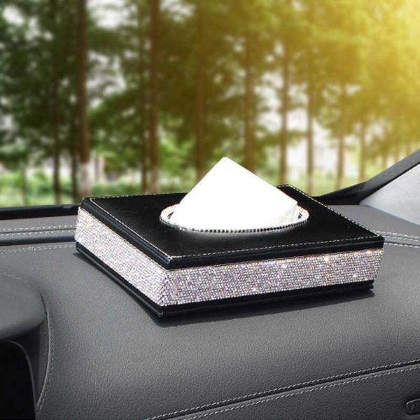 

car tissue box luxury rhinestones cartissue box storage paper towel pu leather black tissue holder towels crystal tissue box cover car styli