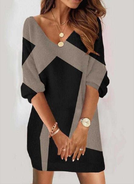 

spring fashion casual loose dress v-neck printed sleeve short long, Black;gray