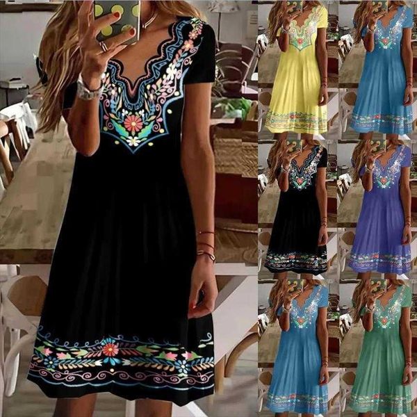 

printed v-neck short sleeve national style dress womens clothing, Black;gray