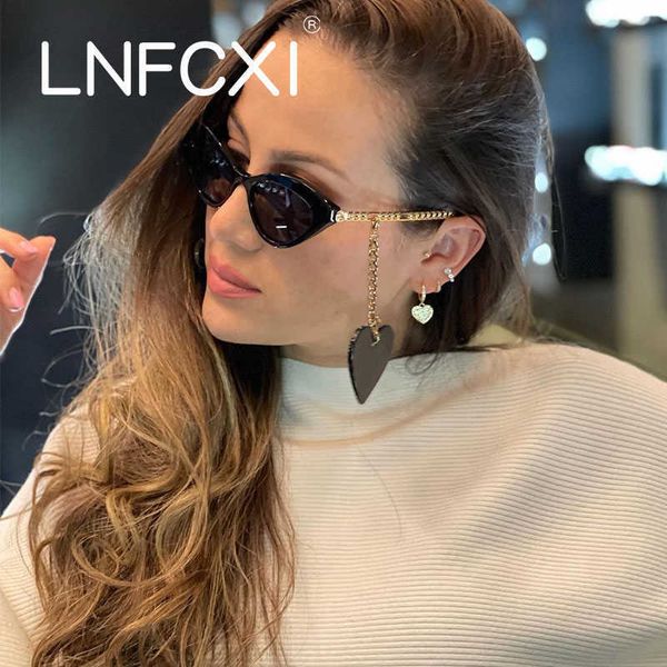 

lnfcxi fashion cat eye small sunglasses women chain legs design detachable heart earring trend decoration sun glasses eyewear 1219, White;black