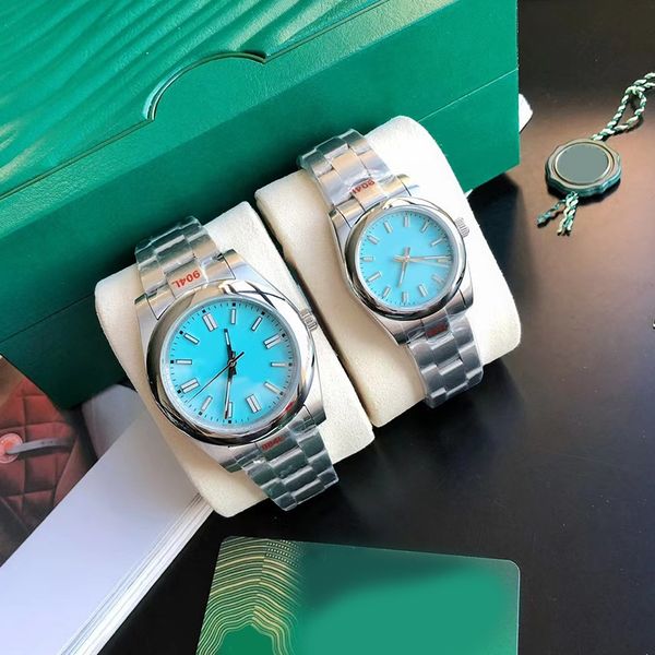 

couple's watch perpetual turquoise blue dial 36 41mm luminous scratch resistant blue crystal waterproof stainless steel 904l automatic, Slivery;brown