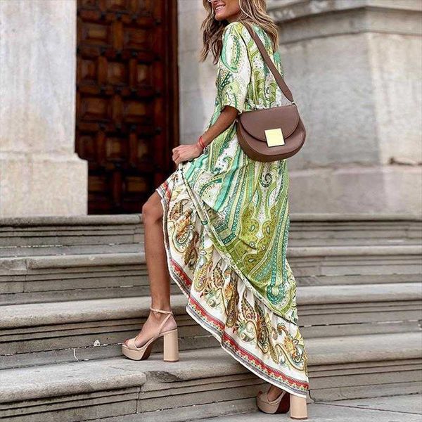 

fd womens dress summer graceful half sleeve v-neck bohemian printed, Black;gray