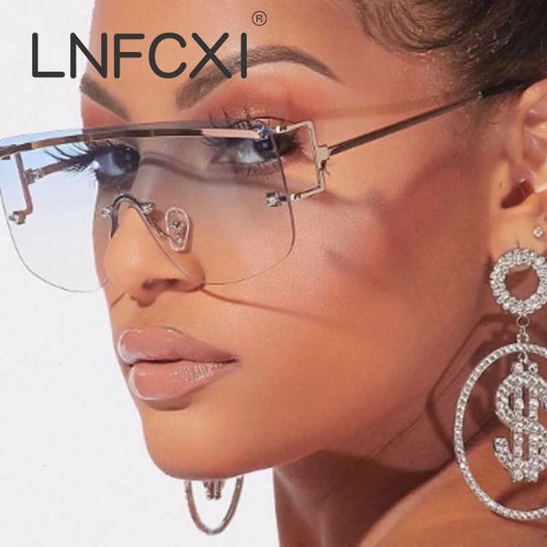 

lnfcxi square luxury brand rimless sunglasses for women vintage one piece alloy oversized blue pink sun glasses men flat shades 1219, White;black