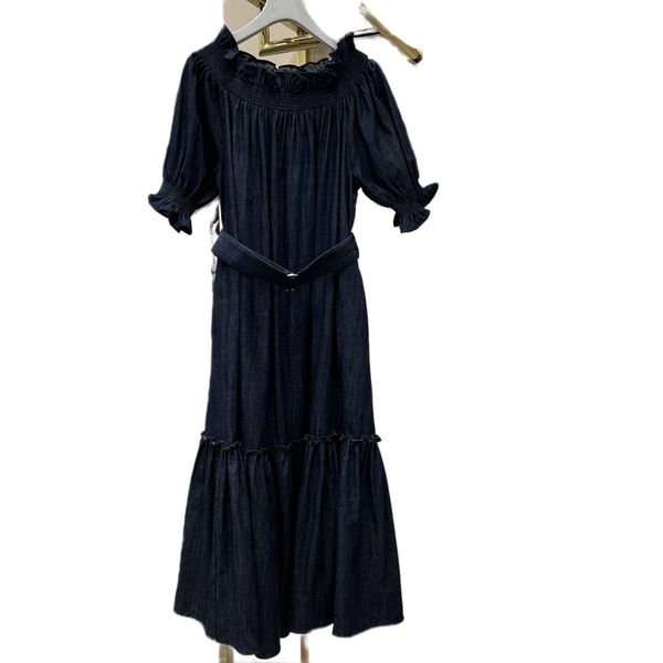 

early spring new customized ruffle stretch off shoulder denim dress, Black;gray