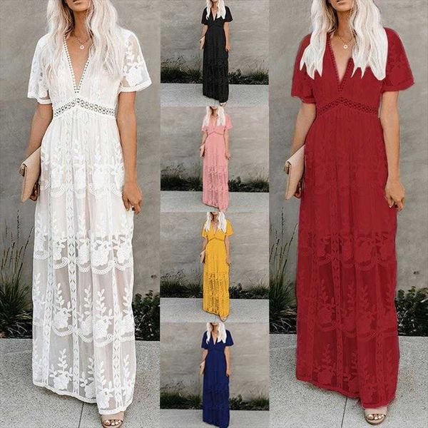 

long dress elegant women decoration waist short sleeve v-neck solid color lace, Black;gray