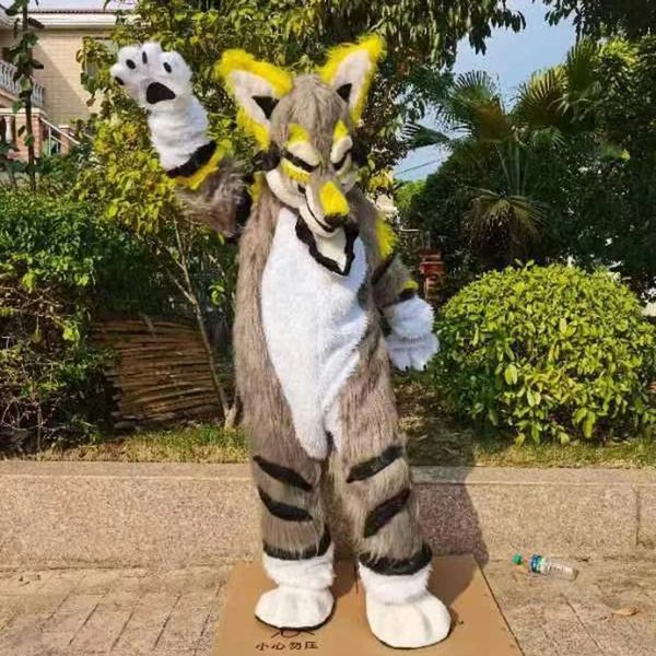 

grey white long fur furry husky dog wolf fox fursuit mascot costume halloween carnival fancy party outifts, Red;yellow