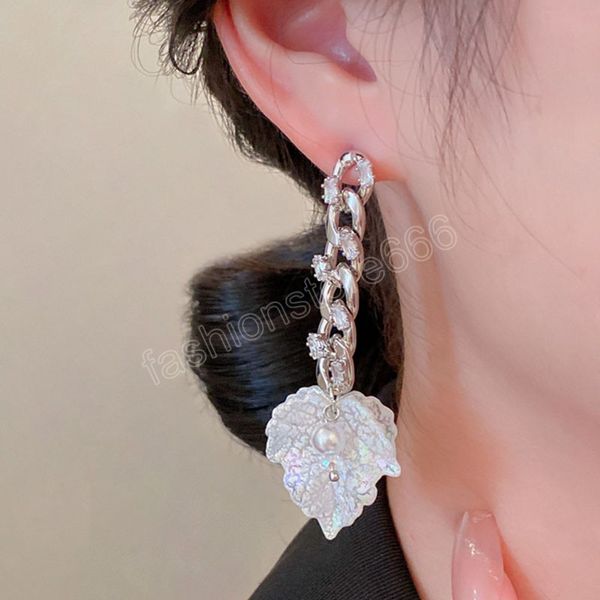 

zircon chain crystal pearl shell leaf dangle earrings for women korean fashion earring daily birthday party jewelry gifts, Silver