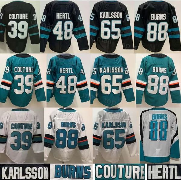 

men reverse retro 88 brent burns jersey 39 logan couture 48 tomas hertl 65 erik karlsson hockey green white black gray long sleeve team stit, Black;red
