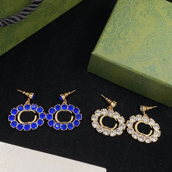 

full diamond charm earrings double letters designer studs women sapphire crystal eardrops with box, Golden