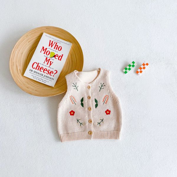 

ins baby kids clothing sweater vest o-neck knit beige flower embroidery cardigan sweater 100% cotton, Blue