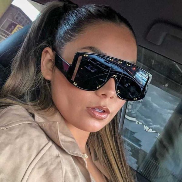 

rivet square sunglasses women men brand designer one piece oversized sky blue female eyewear rectangle sun glasses uv400 1219, White;black
