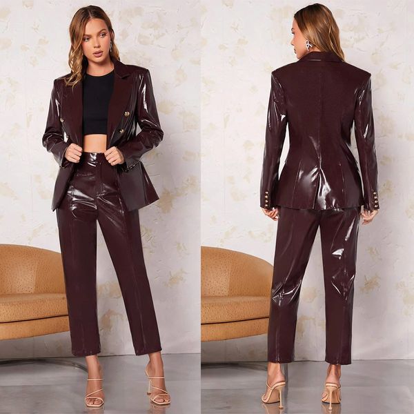 

desinger leather women blazer suits v neck evening party ladies tuxedos for wedding two pieces jacket and pants, Black;red