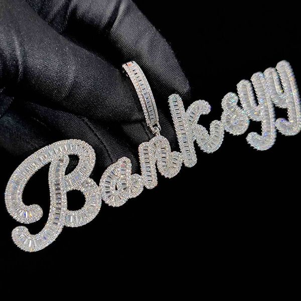 

new trendy gold plated shiny cz stone diy custom name cursive letter pendant necklace with 24inch rope chain, Silver