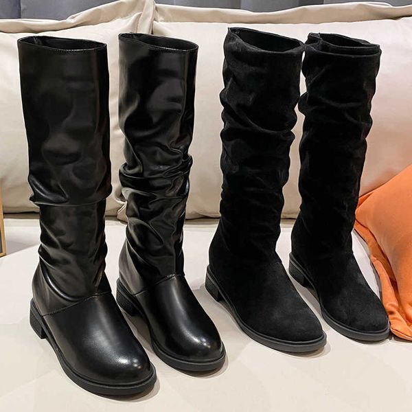 

boots pleated black plush warm knee-high new office lady designer shoes classic suede long women botines mujer 221213