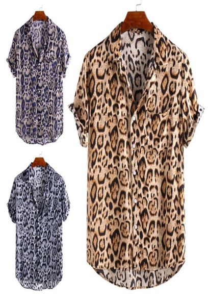 

new fashion men summer short sleeve leopard print button lapel shirt loose blouse streetwear mens vintage shirt9900227, White;black