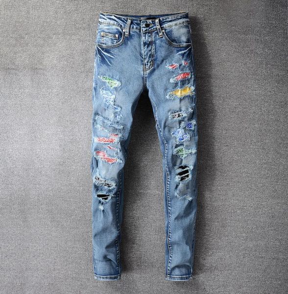 

2021 clothing pants men women t shirts panther print army green destroyed mens slim denim straight biker skinny jeans men3561684, Blue