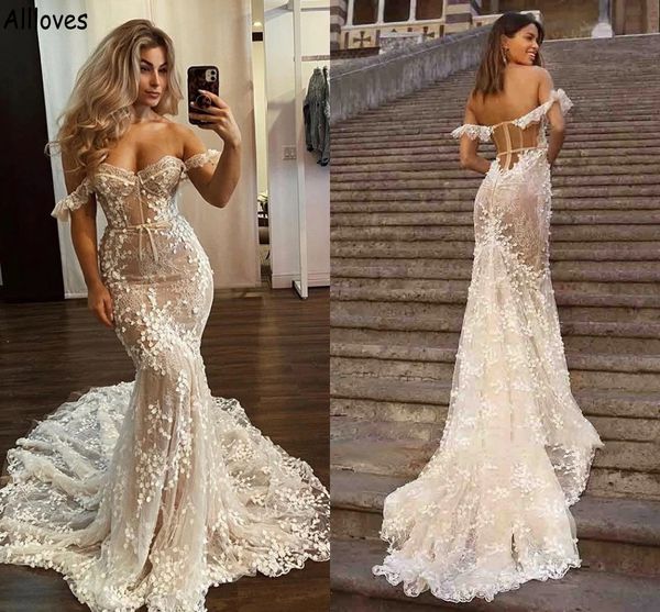 

off the shoulder mermaid wedding dresses champagne lining floral lace appliqued corset bridal gowns sweep train plus size backless vestidos, White