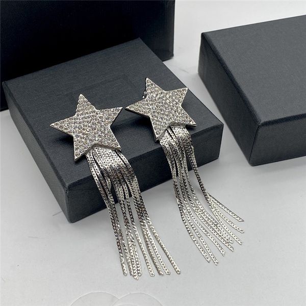 

shiny star tassel charm earrings full diamond chain eardrops women crystal tassel studs party show with box, Golden