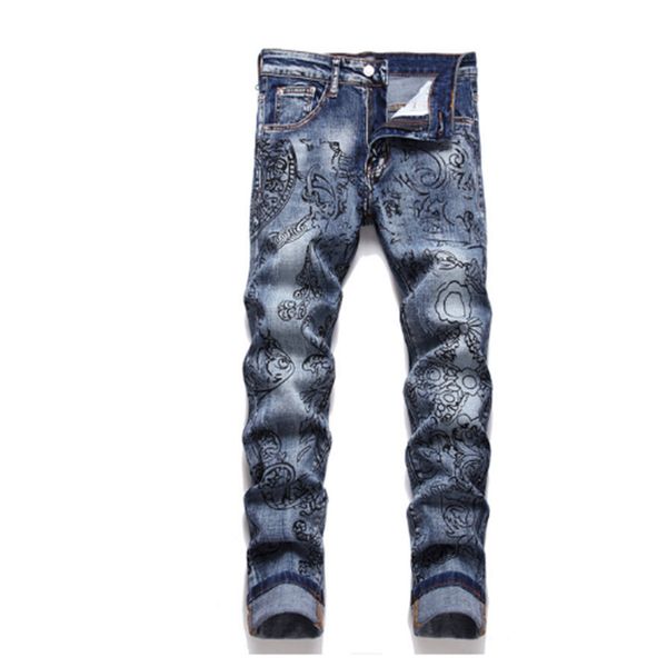 

embroidered cartoon printed men's jeans high-end italian style soft casual cotton elastic 3d portrait autumn and winter23 28-38, Blue