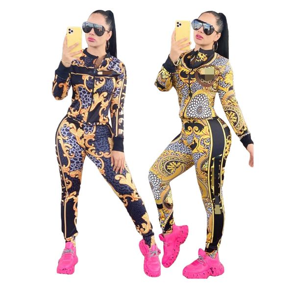 

print jacket and bottoms two piece pants women fashion zipper hoodie and trouser set outfits ship, White