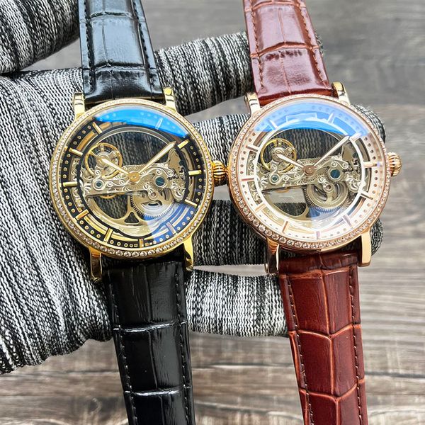

watch mens watches hollow out 42mm automatic mechanical watch fashion wristwatches leather strap montre de luxe business design, Slivery;brown