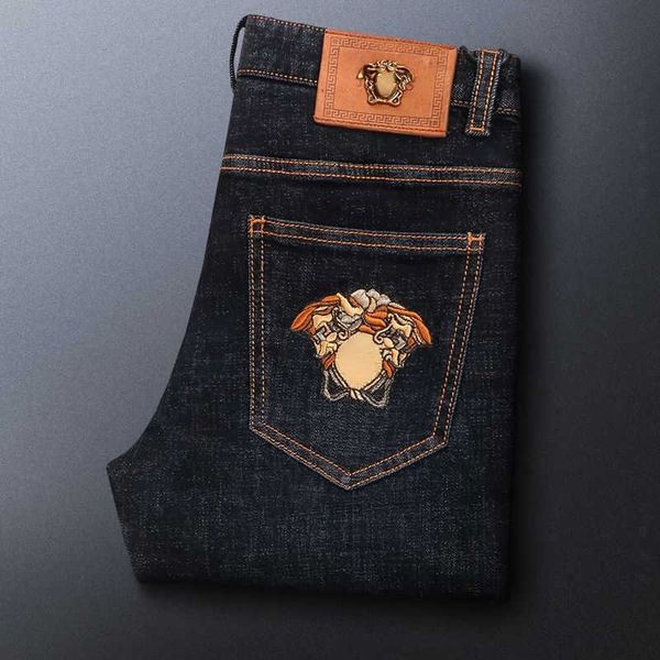 

autumn winter designer jeans mens stretch embroidery denim trousers fashion thickened jean pants casual sweatpants, Blue