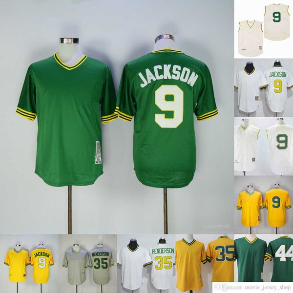 

vintage college mitchell and ness baseball 9 reggie jackson 44 jerseys stitched 35 rickey henderson 1968 white 1981 yellow green pullover, Black